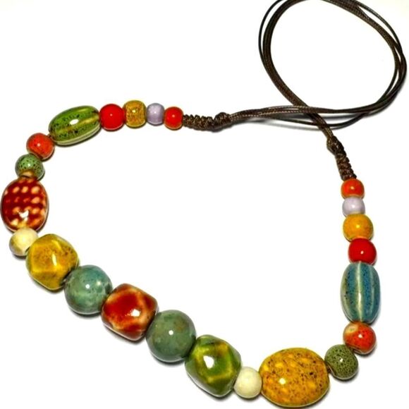 New Jewelry Necklace Glazed Art Pottery Glass Beaded Porcelain Colorful 21" - Picture 1 of 1